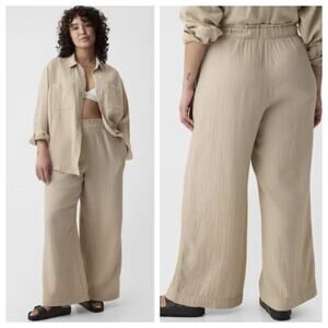 NWT GAP Women's Mid Rise Gauze Wide Leg Pull On Pant Beige Size XL